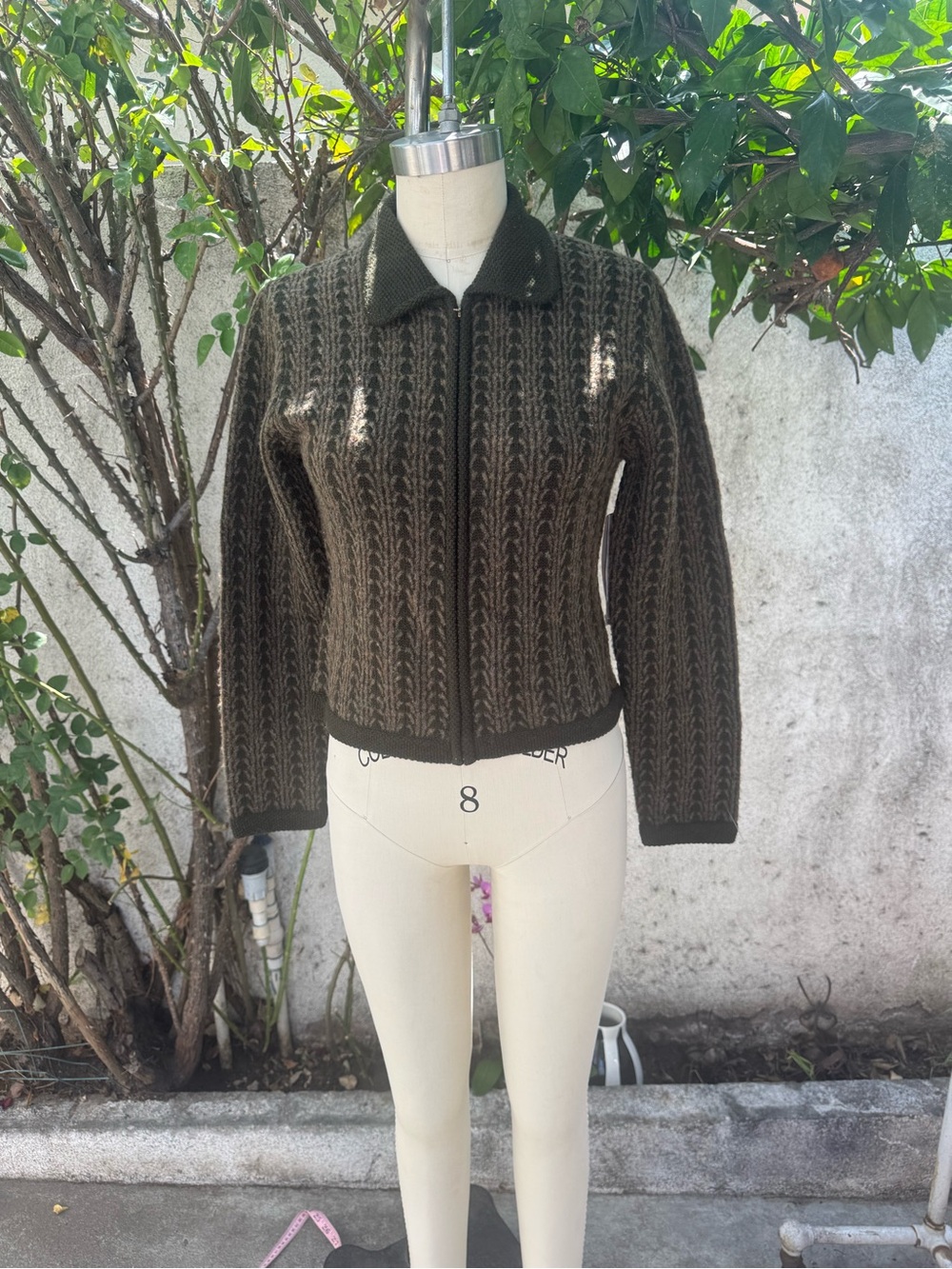 Jones New York Olive Green Knit Zip Cardigan wool and nylon